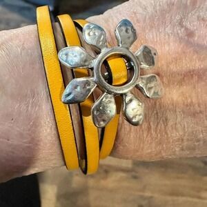 Boho Leather Flower Power‎ Hippie Leather Bracelet, Triple Wrap, Gold or Blue, G